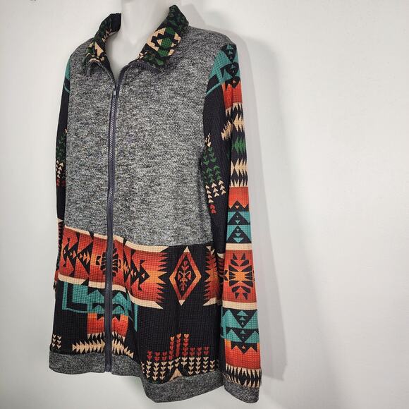 Fashion Express Womens Zip Jacket Medium Gray Orange Turquoise Aztec Southwest - Picture 5 of 9
